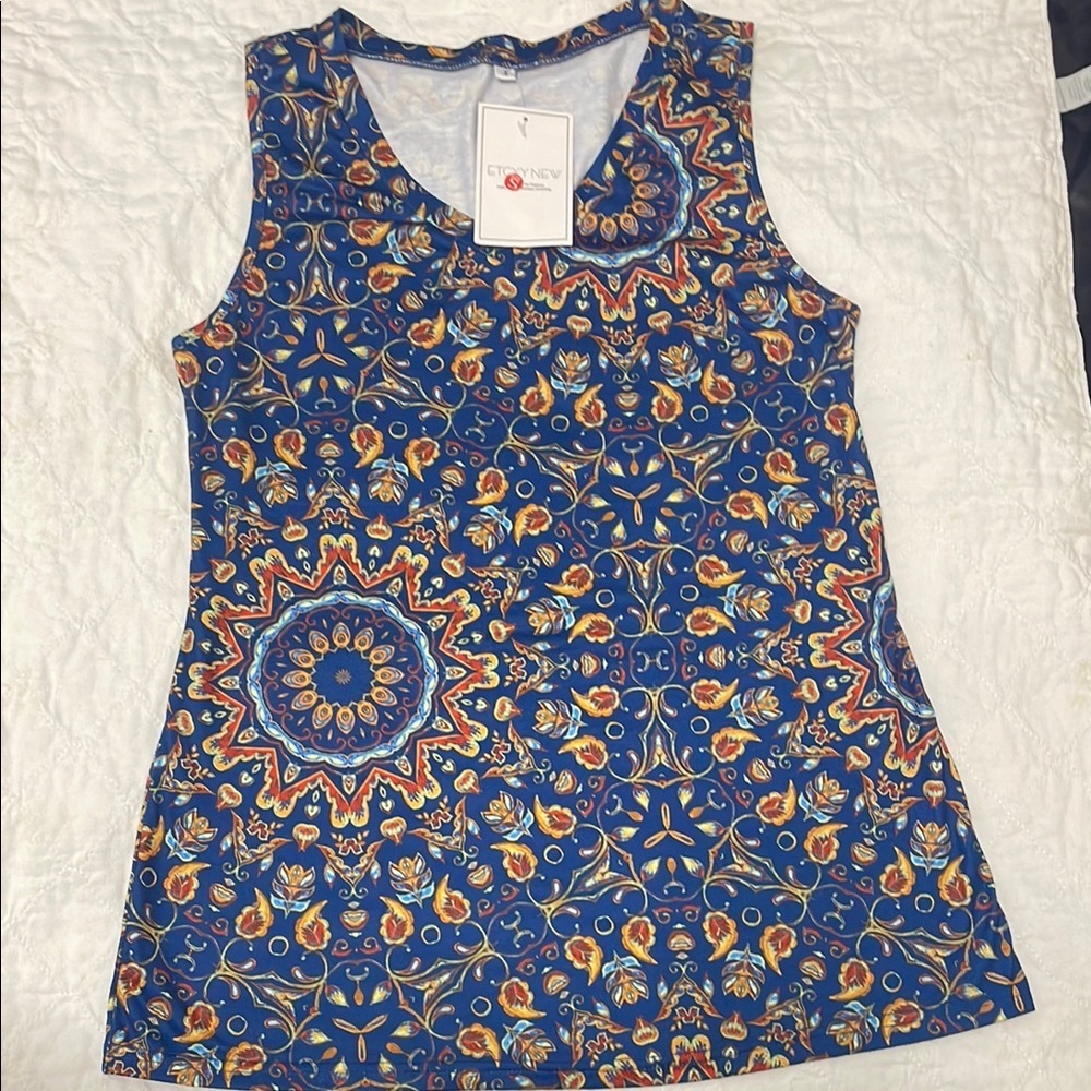 Etcyy New Blue Fitted Tank Top with Orange Pattern